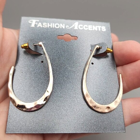 Rose Gold Hammered Hoop Earrings – Fashion Jewelry Statement Post Back New - Picture 3 of 7